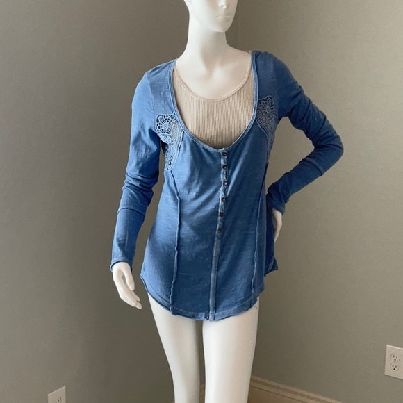 Free People Keepsake Long Sleeve Crochet Inset Slub Henley Top - Picture 2 of 6